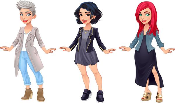 سه شخصیت زن کارتونی تصاویر وکتور آیتم های جدا شده