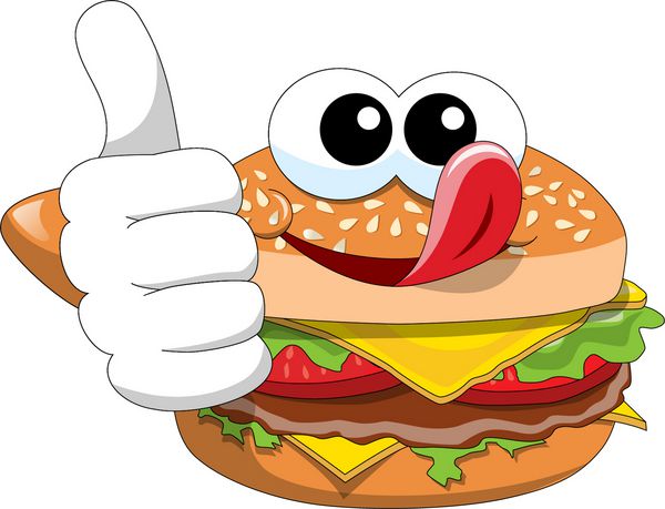 شخصیت همبرگر کارتونی انگشت شست رو به بالا که تکه هایش را جدا می لیسد