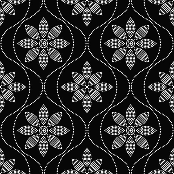 الگوی هندسی بدون درز کاشی کاری شده از گل های نقطه چین و حلقه های مواج موتیف گل مهره ها پس زمینه موزاییک سیاه و سفید انتزاعی وکتور