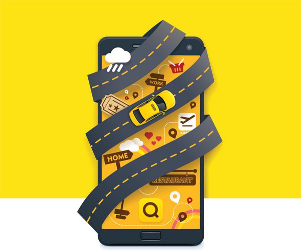نماد برنامه موبایل تاکسی وکتور شامل گوشی هوشمند با تاکسی زرد رنگ و جاده روی صفحه است