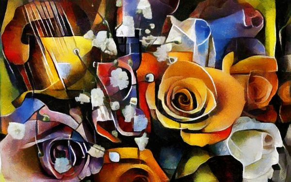 یک دسته گل زیبا به سبک مدرن و کوبیسم از پیکاسو و کاندینسکی اجرا شده با رنگ روغن روی بوم با عناصر نقاشی پاستل هنرهای زیبا برای هدیه و داخلی