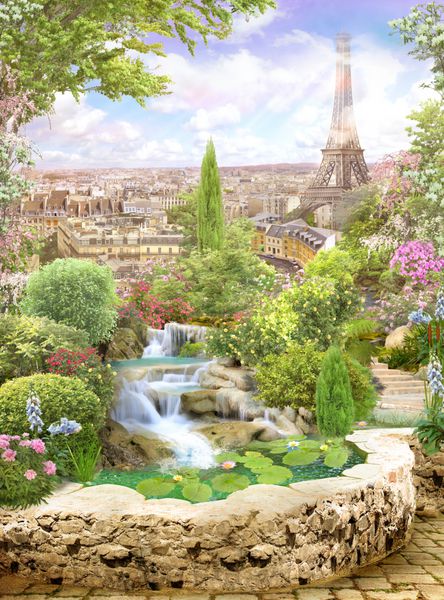 یک آبشار و نمایی از پاریس با گل