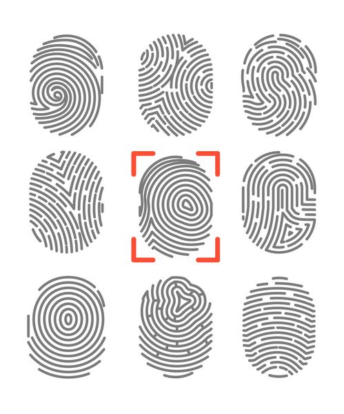 اسکنر شناسایی اثر انگشت یا اثر انگشت و شناسه بیومتریک tr مجموعه آیکون های وکتور مجوز امنیتی و حفاظت از جرم