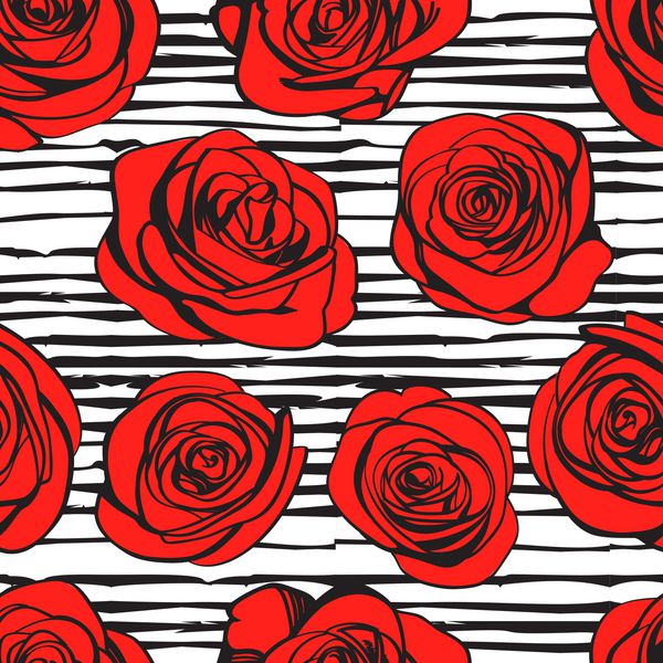 الگوی بدون درز گل رز انتزاعی گل‌های رز قرمز جدا شده روی بافت پس‌زمینه خط ابله پرنعمت تک‌رنگ وکتور