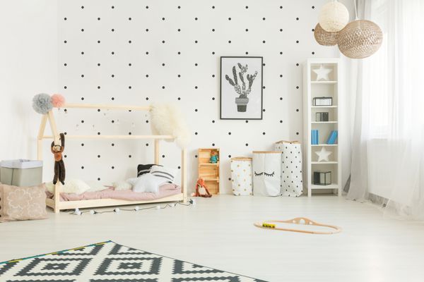 سبک اسکاندی اتاق کودک سفید رنگ با تخت خواب خانگی