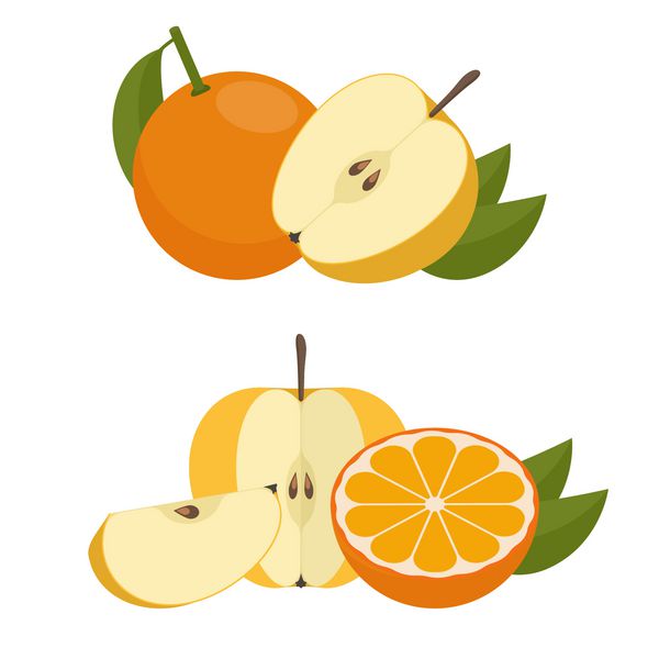 میوه وکتور سیب و پرتقال با یک و نیم میوه کامل با برگ و بدون