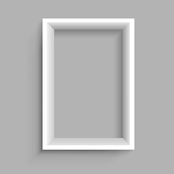 قفسه سفید چوبی یا کاغذی پلاستیکی مستطیلی عمودی مدرن با سایه در زمینه خاکستری طراحی قاب مبلمان