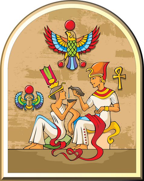 تصویر تلطیف شده از زندگی در مصر باستان فرعون و ملکه پس زمینه پاپیروس نمادهای شاهین و اسکراب وکتور