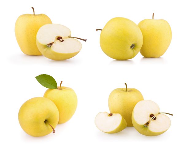 مجموعه میوه های سیب زرد جدا شده در پس زمینه سفید