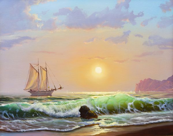 نقاشی رنگ روغن روی بوم قایق بادبانی در پس زمینه غروب دریا