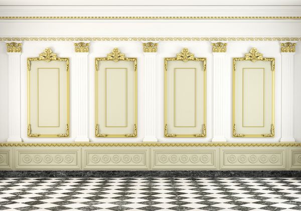 صحنه سه بعدی یک دیوار کلاسیک سفید با قالب های طلایی و کف مرمر