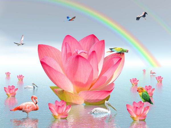 گل های سوسن صورتی روی آب زیر رنگین کمان و احاطه شده توسط پرندگان زیادی توسط آب و هوای زیبا