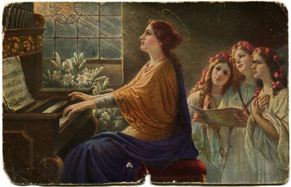 آلمان - حدود 1912 یک کارت پستال قدیمی ارگ قدیس سیسیلیا را نشان می‌دهد و مزمور سه دختر را می‌خواند در حدود 1912