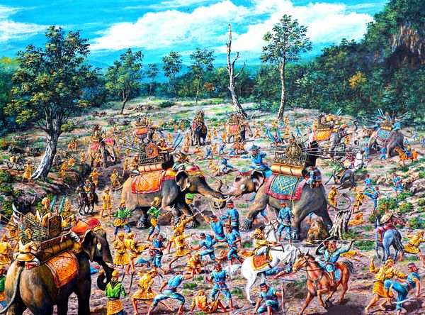 نقاشی رنگ روغن اصلی روی بوم - نبرد باستانی بین تایلندی و برمه