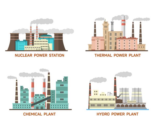 مجموعه ای از وکتور تصویر تخت صنعتی انواع مختلف نیروگاه مفهوم تولید انرژی و آلودگی محیط زیست انرژی هسته ای حرارتی آبی شیمیایی