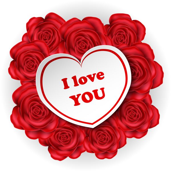 برچسب قلب با پیام عاشقانه روی دسته گل رز قرمز