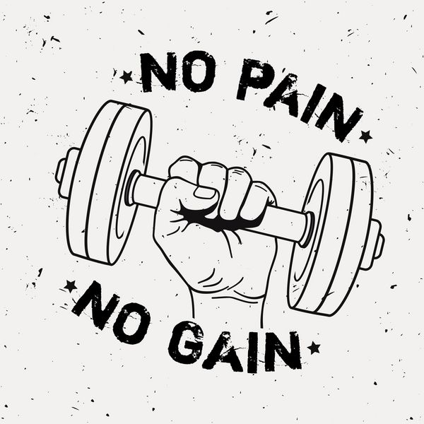 وکتور تصویر گرانج دست با دمبل و عبارت انگیزشی No pain no gain پس زمینه تناسب اندام