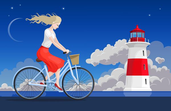 دختری سوار بر دوچرخه و فانوس دریایی