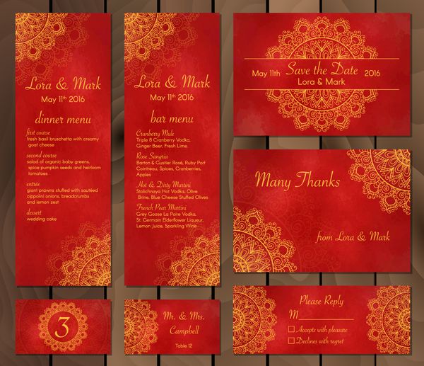 مجموعه ای از کارت های قومیتی منو یا دعوت نامه عروسی با تزئینات هندی