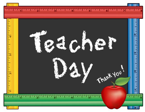 روز معلم متشکرم تعطیلات سالانه آمریکا در سه‌شنبه اول هفته کامل ماه می سیب قرمز متن گچی روی تخته سیاه با قاب خط کش چند رنگ برای رویدادهای کلاس و مدرسه سازگار با