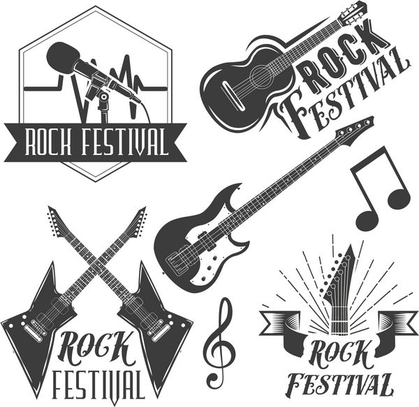 مجموعه وکتور برچسب جشنواره راک به سبک وینتیج آلات موسیقی راک میکروفون گیتار جدا شده در زمینه سفید