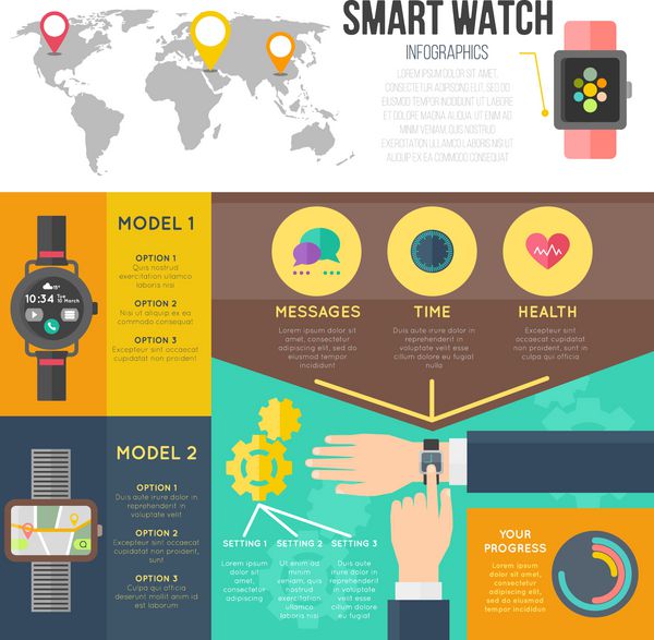 مجموعه اینفوگرافیک ساعت هوشمند عناصر وکتور برای منوی ساعت هوشمند و طراحی اپلیکیشن در اینفوگرافیک