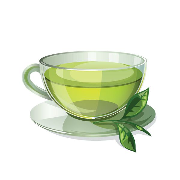فنجان شیشه ای با چای سبز جدا شده در پس زمینه سفید