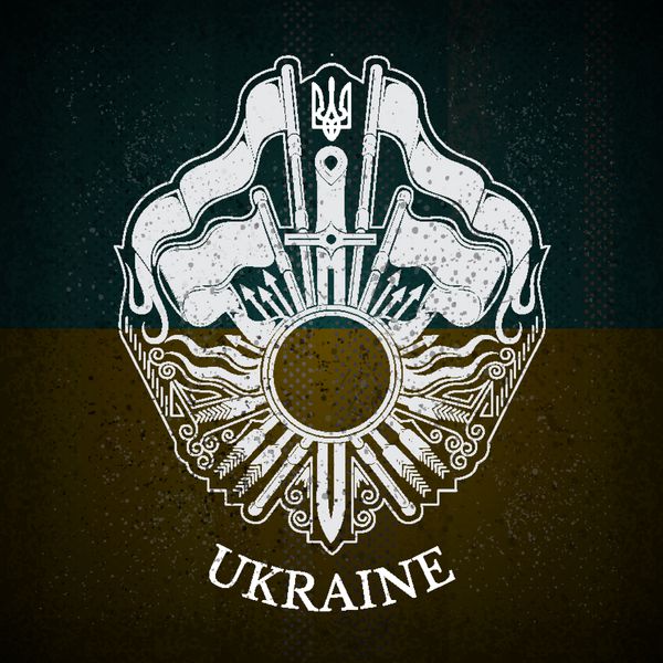 نشان سفید با قاب دایره ای و سلاح های قدیمی در پس زمینه پرچم اوکراین مدل برند یا تی شرت