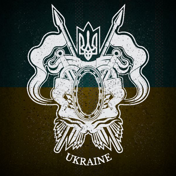 نشان سفید با قاب بیضی شکل و سلاح های قدیمی در پس زمینه پرچم اوکراین مدل برند یا تی شرت
