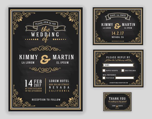 دعوتنامه عروسی مجلل در پس زمینه تخته سیاه شامل دعوت نامه کارت پاسخگویی ذخیره تاریخ کارت تشکر وکتور