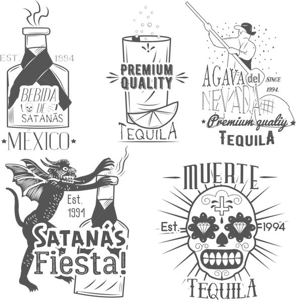 مجموعه وکتور برچسب تکیلا به سبک قدیمی نوشیدنی الکلی مکزیکی بریدا عناصر طراحی منوی دستی نمادها