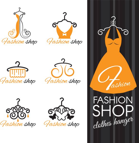 لوگوی فروشگاه مد - رخت آویز و لباس نارنجی و پروانه