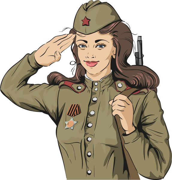سرباز دختر روسی سرباز زن با لباس نظامی رترو 9 مه روز پیروزی