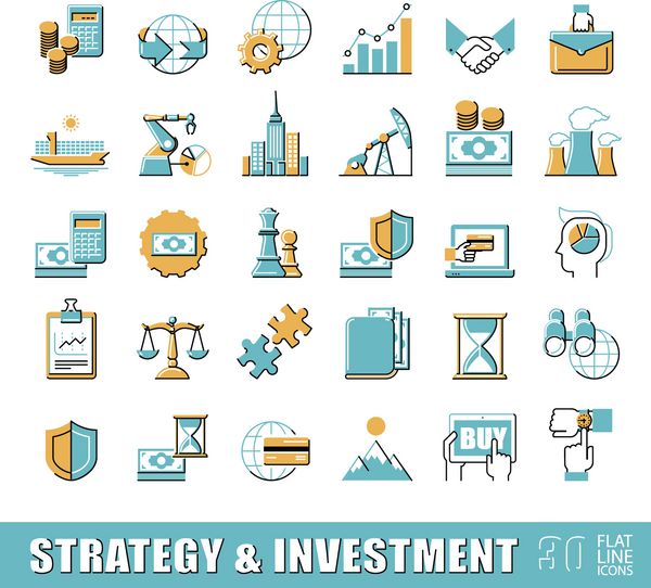 مجموعه ای از نمادهای استراتژی خط مسطح و سرمایه گذاری با کیفیت برتر مجموعه ای از آیکون های کسب و کار وب وکتور