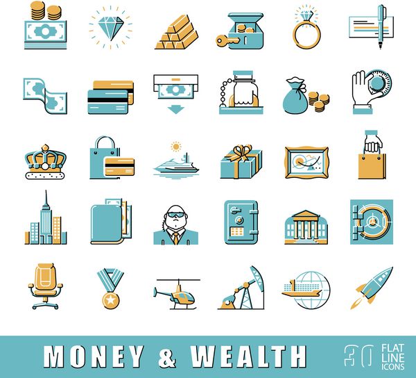 مجموعه ای از نمادهای پول و ثروت با کیفیت برتر مجموعه آیکون های مالی وکتور