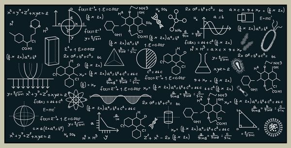 تخته سیاه با ریاضی و علوم با نوشتن روی تخته سیاه