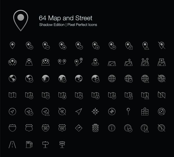 نمادهای پیکسل کامل نقشه و خیابان سبک خط ویرایش سایه