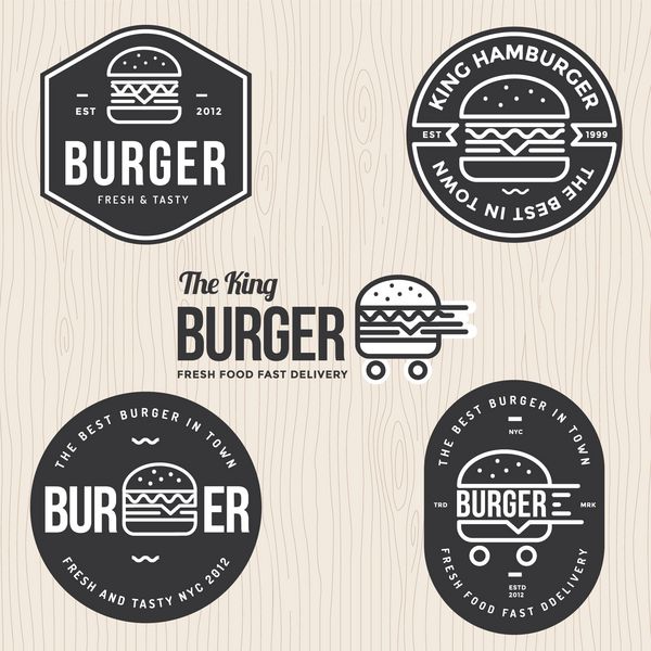 مجموعه ای از نشان ها بنر برچسب ها و آرم برای همبرگر فروشگاه همبرگر طراحی ساده و مینیمال وکتور