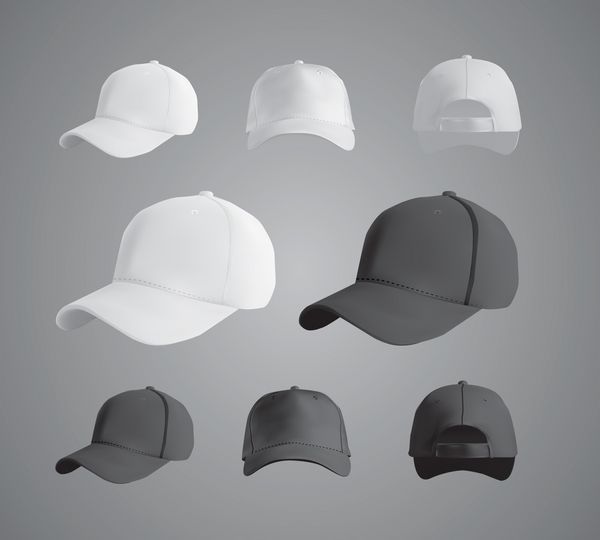 الگوهای سیاه و سفید کلاه بیسبال مجموعه نماهای جلو کنار پشت وکتور جدا شده در پس زمینه سفید