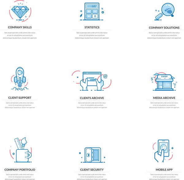 عناصر طراحی وب سایت مجموعه ای از نمادهای مفهومی کسب و کار برای شرکت و نمونه کار شخصی