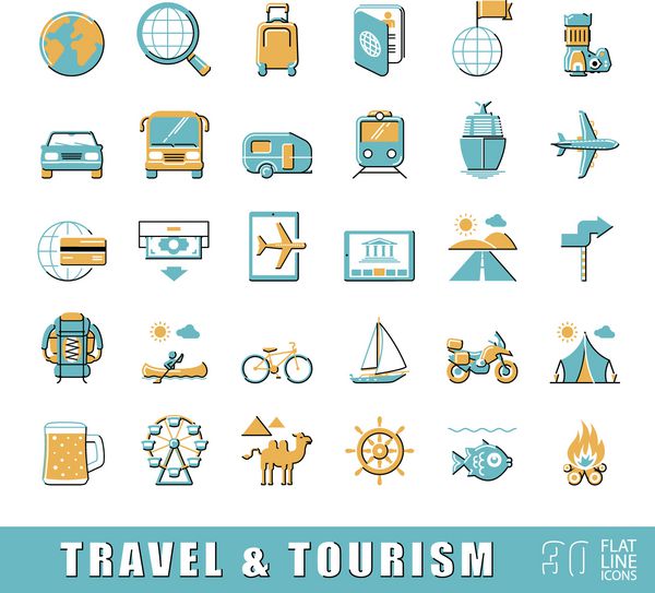 مجموعه ای از نمادهای مسافرتی و گردشگری با کیفیت برتر مجموعه ای از نمادها برای سفر سفر تعطیلات سفرها وسایل حمل و نقل مجموعه عناصر اینفوگرافیک گرافیک وب