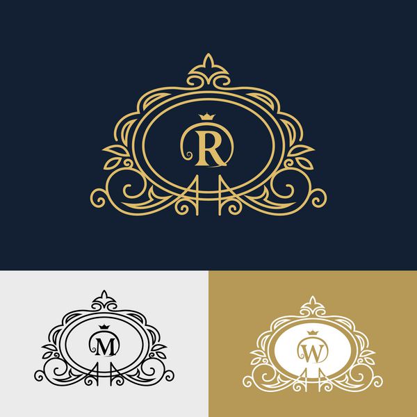 عناصر طراحی مونوگرام قالب برازنده طراحی آرم لاین آرت زیبا حرف R M W علامت تجاری هویت برای رستوران سلطنتی بوتیک کافه هتل هرالدیک جواهرات مد بردار