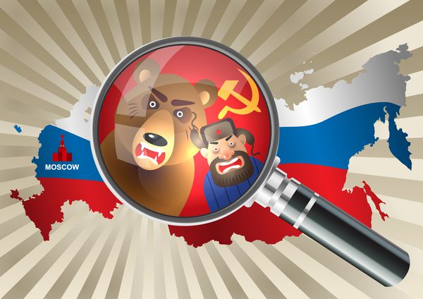 ذره بین روی نقشه روسیه روسی با کلاه خز و خرس روی پرچم قرمز شوروی پرچم روسیه مفهوم کلیشه در مورد روسیه