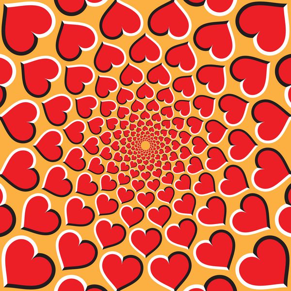 پس زمینه توهم نوری قلب های قرمز به صورت دایره ای به سمت مرکز در پس زمینه طلایی حرکت می کنند پس زمینه قلب های قرمز