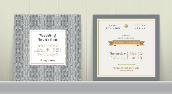 کارت دعوت عروسی آرت دکو در رنگ طلایی و خاکستری