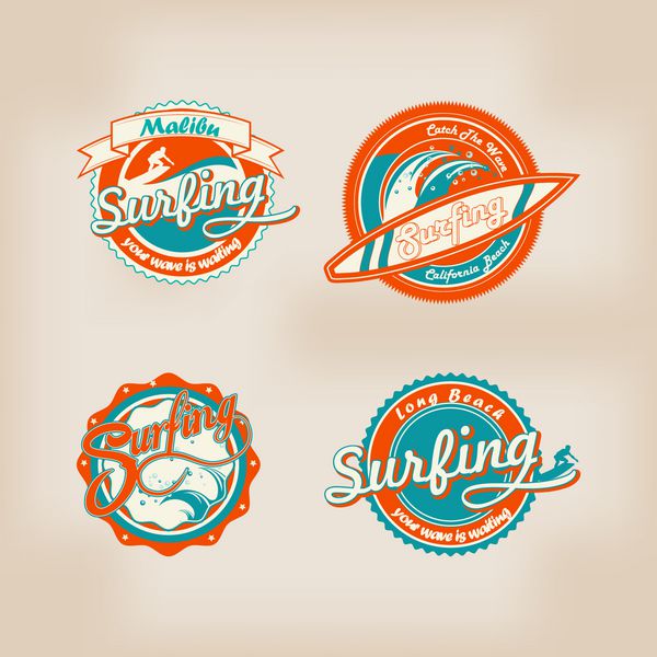 مجموعه ای از لوگوی موج سواری رترو برای طراحی تی شرت یا پوستر