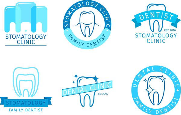 مجموعه آرم دندانپزشکی برچسب های دندانپزشکی با علائم دندان وکتور