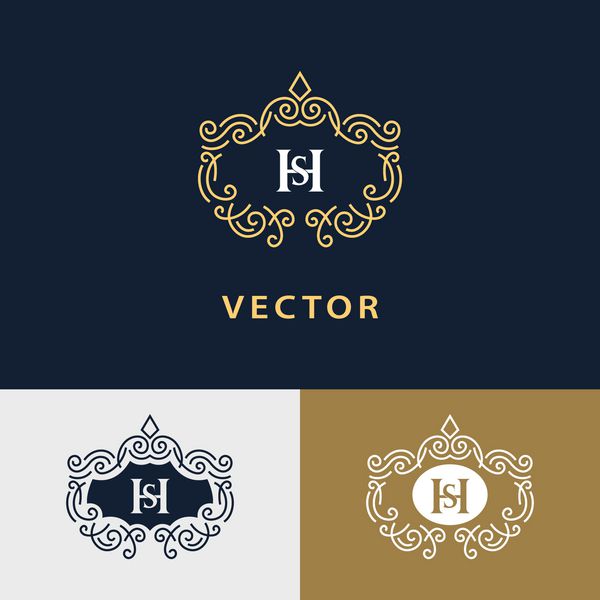 مونوگرام گرافیک خطی طراحی آرم هنری زیبا حرف SH قالب برازنده علامت تجاری هویت برای رستوران سلطنتی بوتیک کافه هتل هرالدیک جواهرات مد عناصر برداری