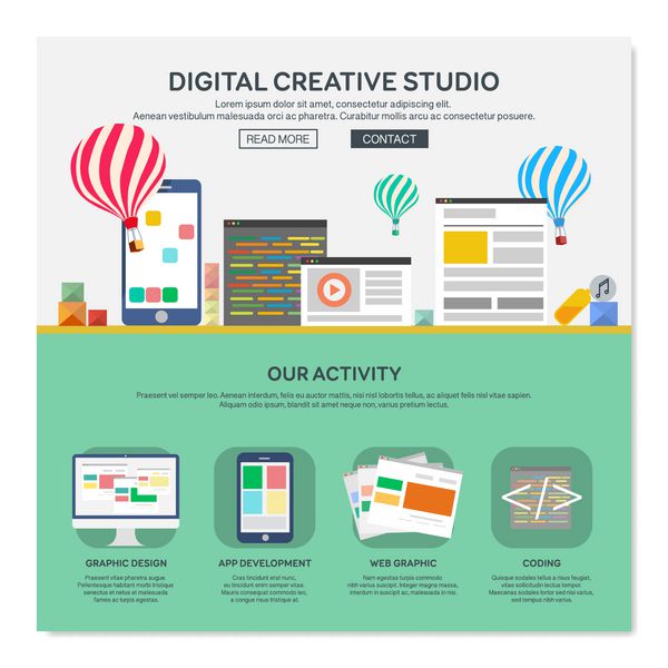 قالب طراحی وب یک صفحه ای با خدمات استودیو خلاق دیجیتال مانند کدنویسی وب برای طراحی واکنشگرا و توسعه برنامه گرافیک طراحی مسطح چیدمان عناصر وب سایت وکتور