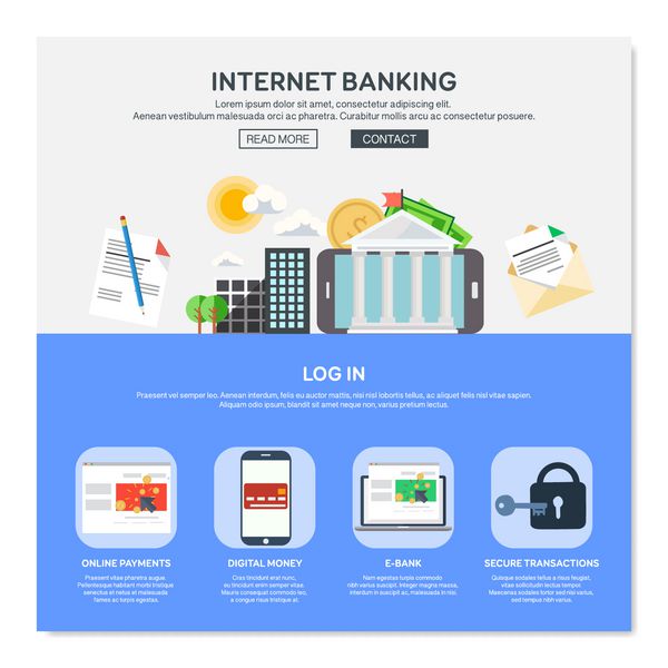 قالب طراحی وب یک صفحه ای با خدمات بانکداری اینترنتی مانند پرداخت آنلاین یا بانک الکترونیکی گرافیک طراحی مسطح چیدمان عناصر وب سایت وکتور